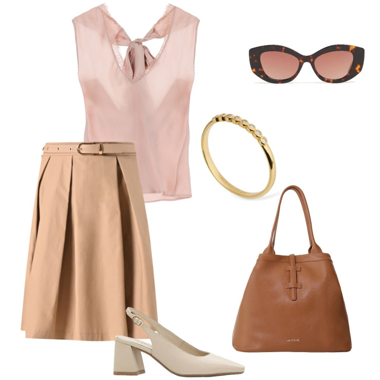 Outfit donna - Città. Stile Bon Ton per Ufficio. Abbinamento con décolleté, gonne longuette, top, borse tote, occhiali da sole, anelli.