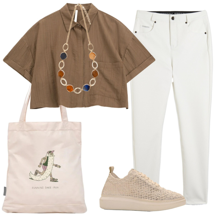 Outfit donna - Passeggiata in paese. Stile Casual per Tutti i giorni. Abbinamento con sneakers, shopping bag, camicie a manica corta, pantaloni skinny, collane.