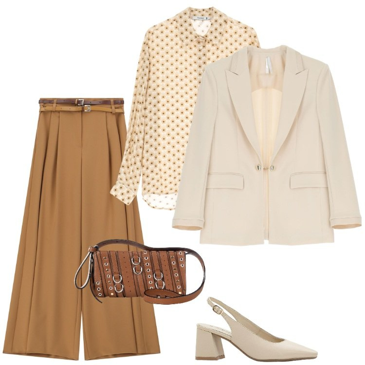 Outfit donna - -Agosto. Stile Casual chic per Ufficio. Abbinamento con décolleté, borse a spalla, camicie, blazer, pantaloni.