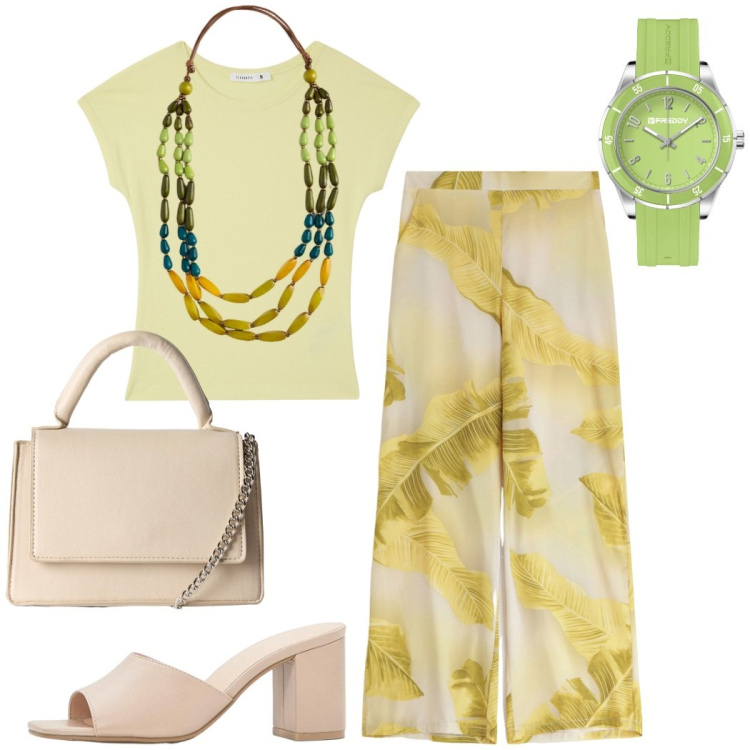 Outfit donna - In ufficio a luglio. Stile Casual chic per Ufficio. Abbinamento con sandali col tacco, t-shirt, borse a tracolla, pantaloni, orologi, collane.