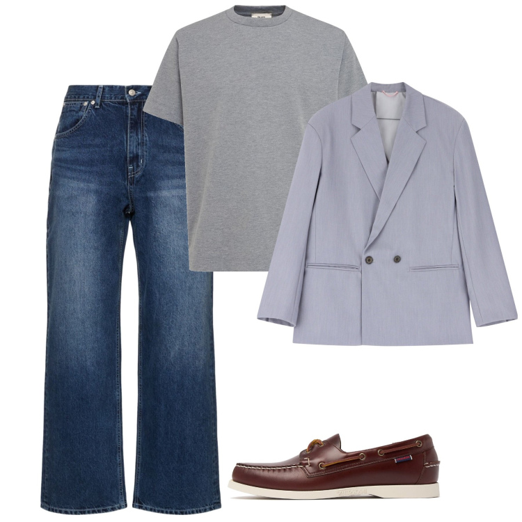 Outfit uomo - Luglio. Stile Casual per Tutti i giorni. Abbinamento con giacche, scarpe stringate, jeans, t-shirt.