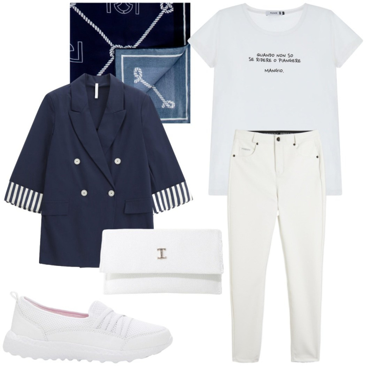 Outfit donna - Stile marina. Stile Casual chic per Tutti i giorni. Abbinamento con sneakers, foulard, t-shirt, borse a tracolla, blazer, pantaloni.