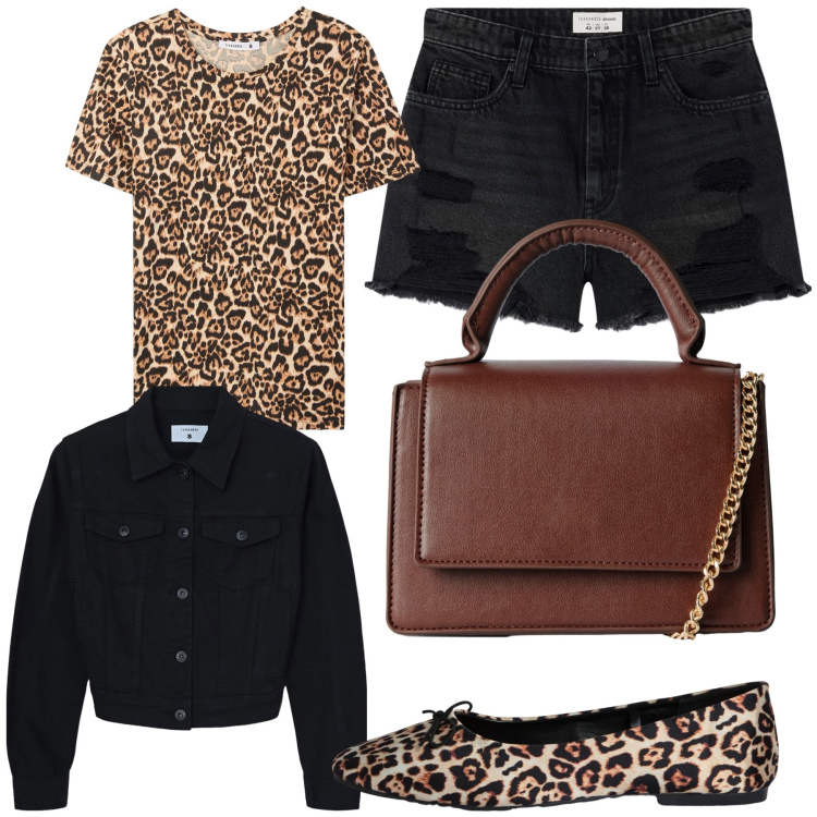 Outfit donna - In giro per shopping con grinta. Stile Trendy per Tutti i giorni. Abbinamento con t-shirt, borse a tracolla, ballerine, shorts, blazer.