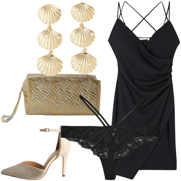 Outfit donna - Con Terranova serata wow risparmiosa. Stile Glamour per Serata fuori. Abbinamento con décolleté, orecchini, vestiti, perizomi, pochette.