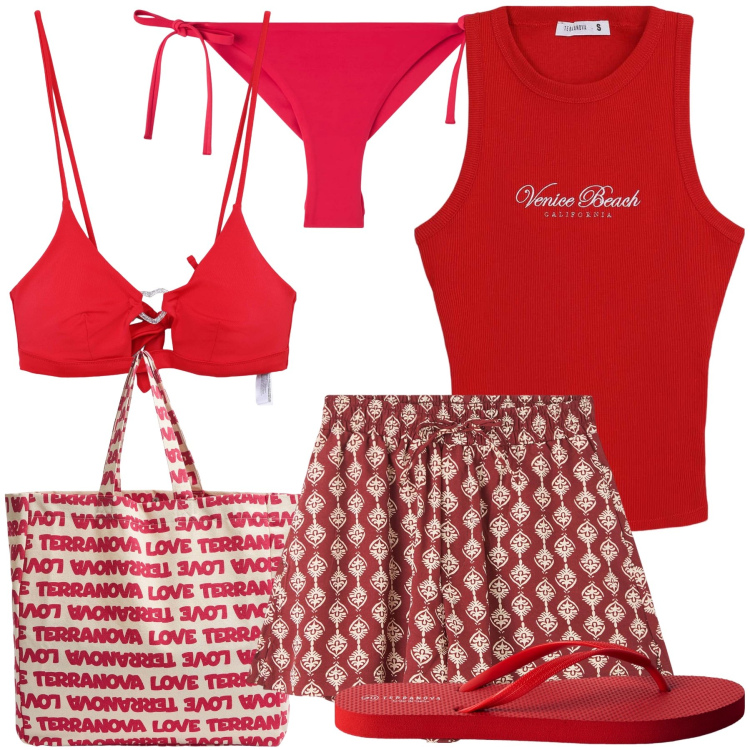 Outfit donna - Terranova beach. Stile Trendy per Mare. Abbinamento con shorts, infradito, canottiere, bikini, borse tote, bikini.