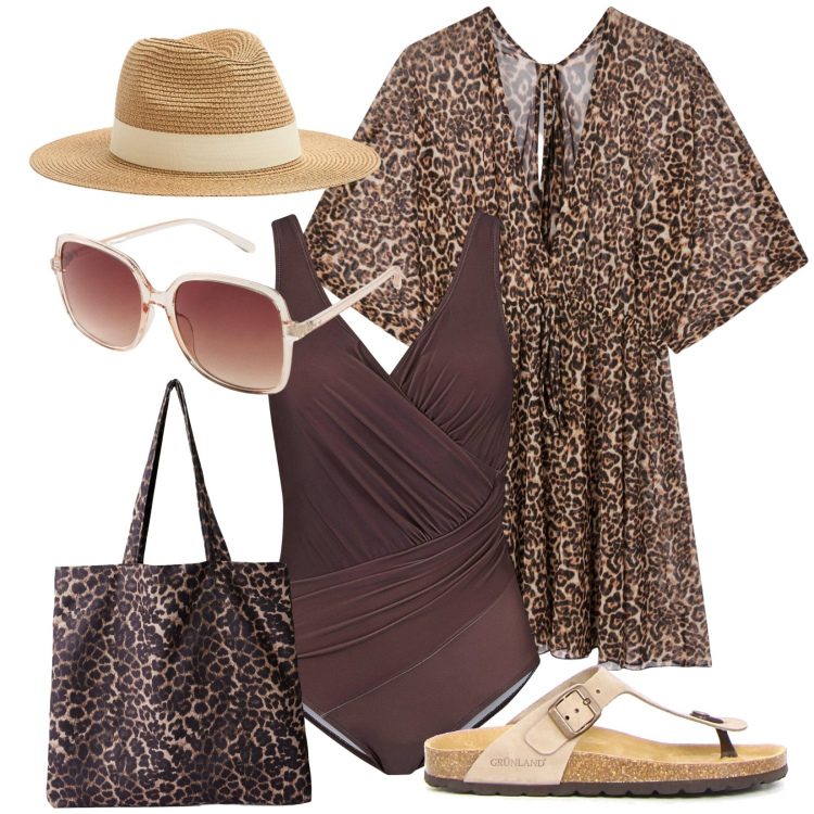 Outfit donna - Glam. Stile Glamour per Mare. Abbinamento con costumi interi, occhiali da sole, vestiti da spiaggia, shopping bag, cappelli, infradito.