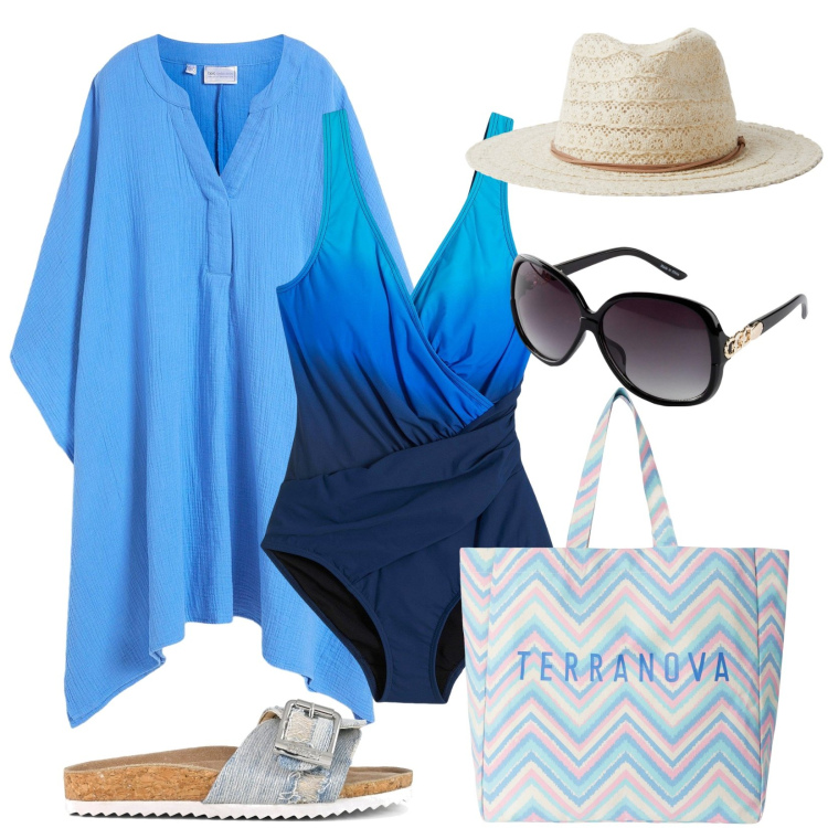 Outfit donna - Total look #2212868. Stile Boho per Mare. Abbinamento con costumi interi, vestiti da spiaggia, occhiali da sole, cappelli, borse tote, sandali.