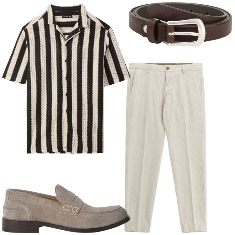 Outfit uomo - Camicia rigsta. Stile Casual per Serata speciale. Abbinamento con camicie a manica corta, cinture, scarpe stringate, pantaloni chino.