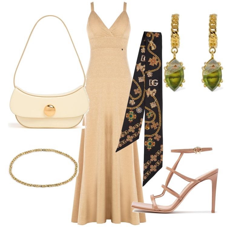 Outfit donna - Un matrimonio in estate. Stile Glamour per Cerimonia. Abbinamento con vestiti lunghi, foulard, anelli, orecchini, sandali in pelle, borse a spalla.