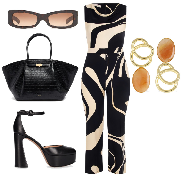 Outfit donna - La tuta Rinascimento. Stile 70s per Serata fuori. Abbinamento con tute, orecchini, occhiali da sole, décolleté, shopping bag.