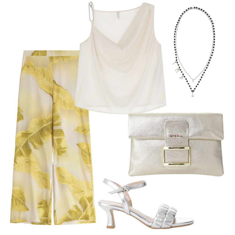 Outfit donna - Total Imperial. Stile Chic per Tutti i giorni. Abbinamento con pantaloni, sandali col tacco, collane, top, pochette.