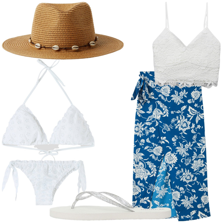 Outfit donna - Total look #2212903. Stile Casual per Mare. Abbinamento con vestiti da spiaggia, canottiere, bikini, bikini, infradito, cappelli.