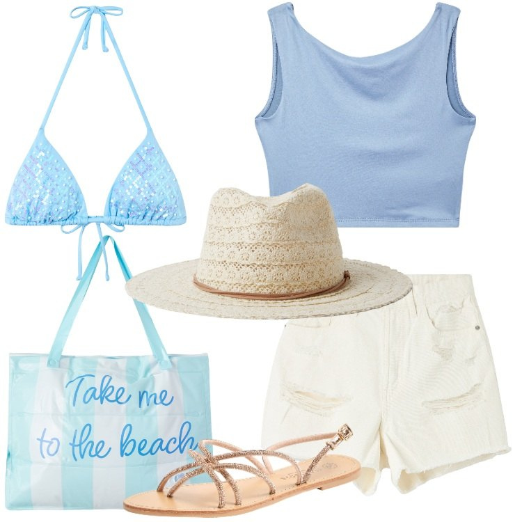 Outfit donna - Terranova - Vacanze in Riviera. Stile Basic per Mare. Abbinamento con sandali, shorts, cappelli, borse tote, top, bikini.