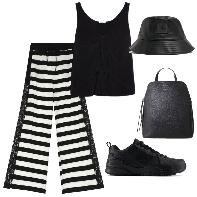 Outfit donna - In agosto. Stile Urban per Tutti i giorni. Abbinamento con sneakers, pantaloni a palazzo, zaini, top, cappelli.