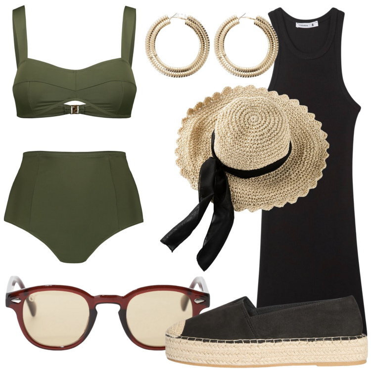 Outfit donna - Total look #2212910. Stile Military per Mare. Abbinamento con cappelli, vestiti corti, espadrillas, occhiali da sole, orecchini, bikini.