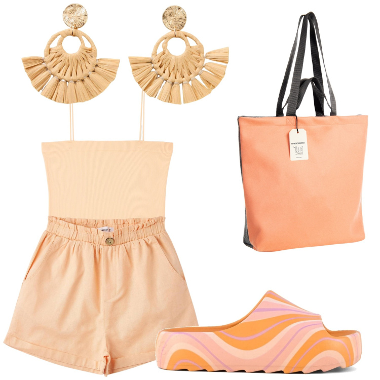 Outfit donna - Total look #2212913. Stile 70s per Mare. Abbinamento con orecchini, pantaloni corti, canottiere, borse tote, ciabatte.