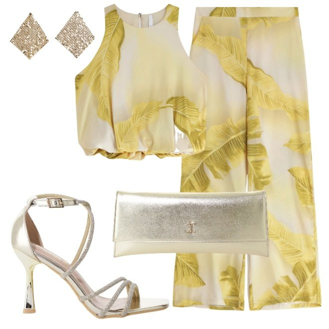 Outfit donna - Cerimonia in estate. Stile Chic per Cerimonia. Abbinamento con orecchini, pantaloni, top, pochette, sandali col tacco.