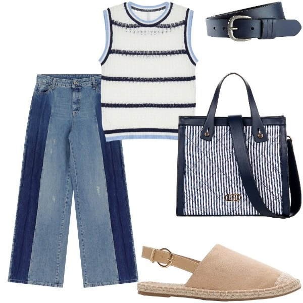 Outfit donna - Outifit di luglio. Stile Casual per Tutti i giorni. Abbinamento con espadrillas, cinture, shopping bag, jeans, top.