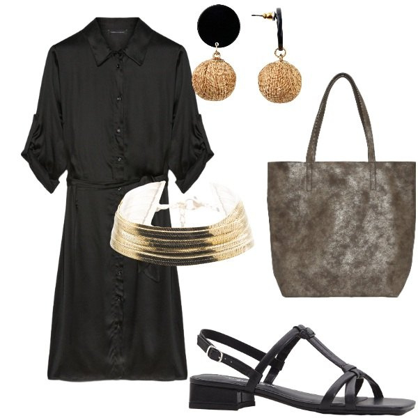 Outfit donna - Serata tra amici. Stile Casual per Tutti i giorni. Abbinamento con orecchini, sandali col tacco, borse tote, braccialetti, vestiti chemisier.