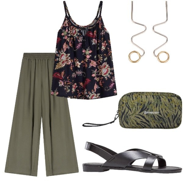 Outfit donna - Outifit di luglio. Stile Casual per Tutti i giorni. Abbinamento con top, sandali, pantaloni, valigie, orecchini.
