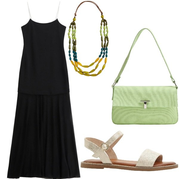 Outfit donna - Le serate di Luglio. Stile Casual chic per Tutti i giorni. Abbinamento con sandali, borse a spalla, vestiti lunghi, collane.