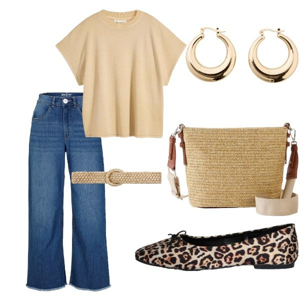 Outfit donna - Le serate di Luglio. Stile Casual per Tutti i giorni. Abbinamento con maglieria, jeans, borse a tracolla, orecchini, cinture, ballerine.