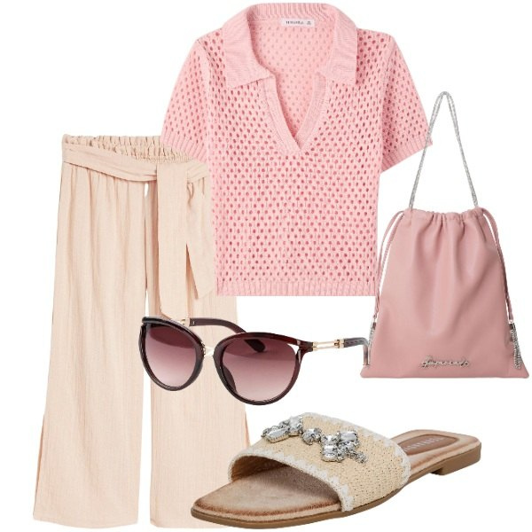 Outfit donna - Outifit di luglio. Stile Casual per Tutti i giorni. Abbinamento con pantaloni capri, occhiali da sole, ciabatte, polo, borse a secchiello.