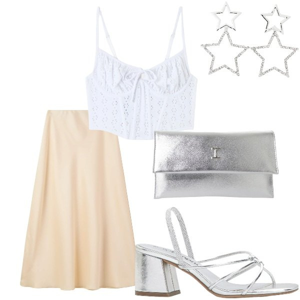 Outfit donna - A cena fuori. Stile Casual chic per Serata fuori. Abbinamento con sandali col tacco, top, orecchini, gonne lunghe, pochette.