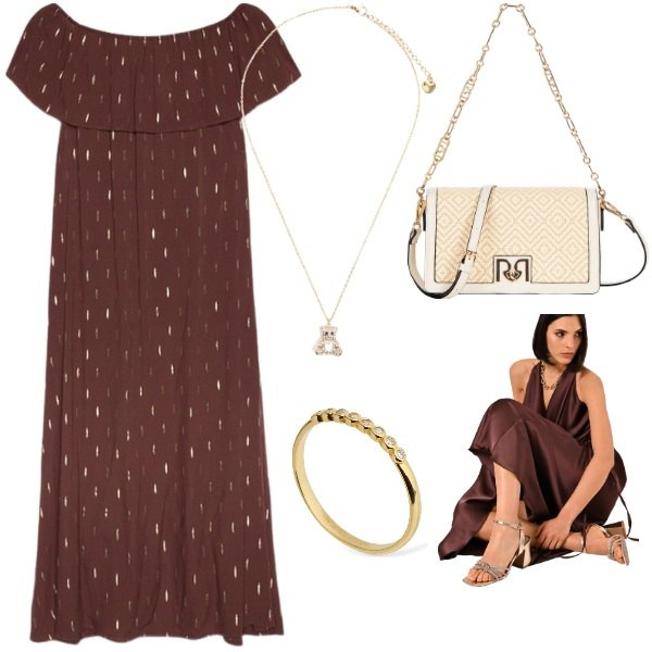 Outfit donna - Le serate di Luglio. Stile Casual per Tutti i giorni. Abbinamento con borse a tracolla, sandali in pelle, ciondoli, vestiti lunghi, anelli.