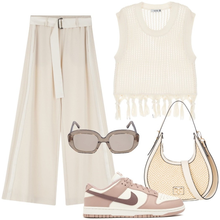 Outfit donna - Urban style. Stile Casual chic per Tutti i giorni. Abbinamento con borse a mano, maglieria, pantaloni, sneakers, occhiali da sole.