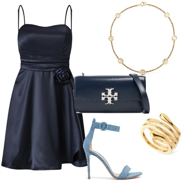 Outfit donna - Matrimonio di sera. Stile Glamour per Cerimonia. Abbinamento con vestiti corti, borse a spalla, collane, anelli, sandali in pelle.