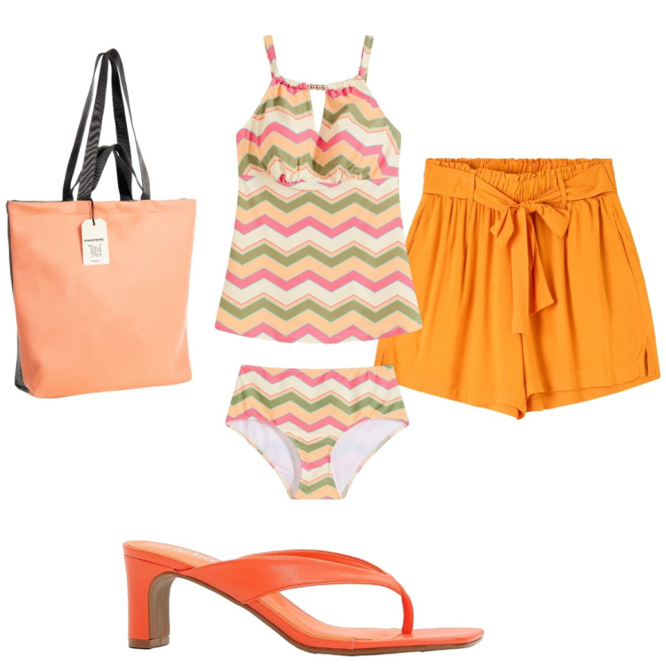 Outfit donna - Total look #2212972. Stile Trendy per Mare. Abbinamento con costumi interi, infradito, shorts, borse tote.