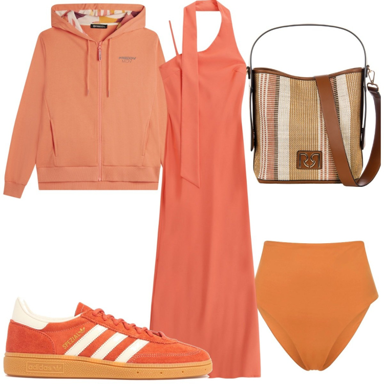 Outfit donna - Total look #2212976. Stile Sporty chic per Mare. Abbinamento con vestiti lunghi, borse a secchiello, felpe con cappuccio, bikini, sneakers.