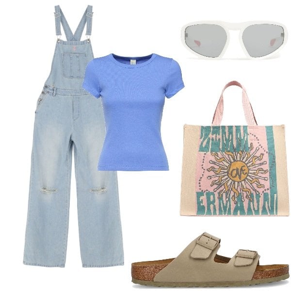Outfit donna - Outifit di luglio. Stile Casual per Tutti i giorni. Abbinamento con salopette, shopping bag, occhiali da sole, sandali, t-shirt.