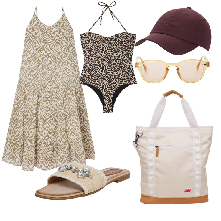 Outfit donna - Finalmente mare. per Mare. Abbinamento con ciabatte, vestiti lunghi, costumi interi, shopping bag, cappelli, occhiali da sole.