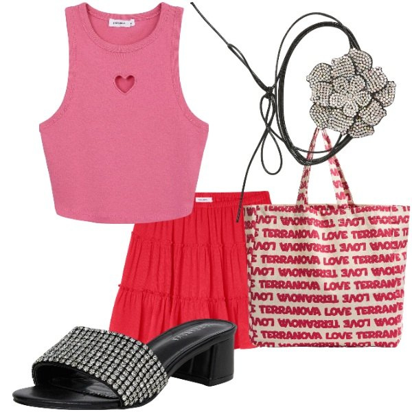 Outfit donna - Terranova per le tue vacanze. Stile Trendy per Tutti i giorni. Abbinamento con minigonne, canottiere, ciabatte, borse tote, collane.