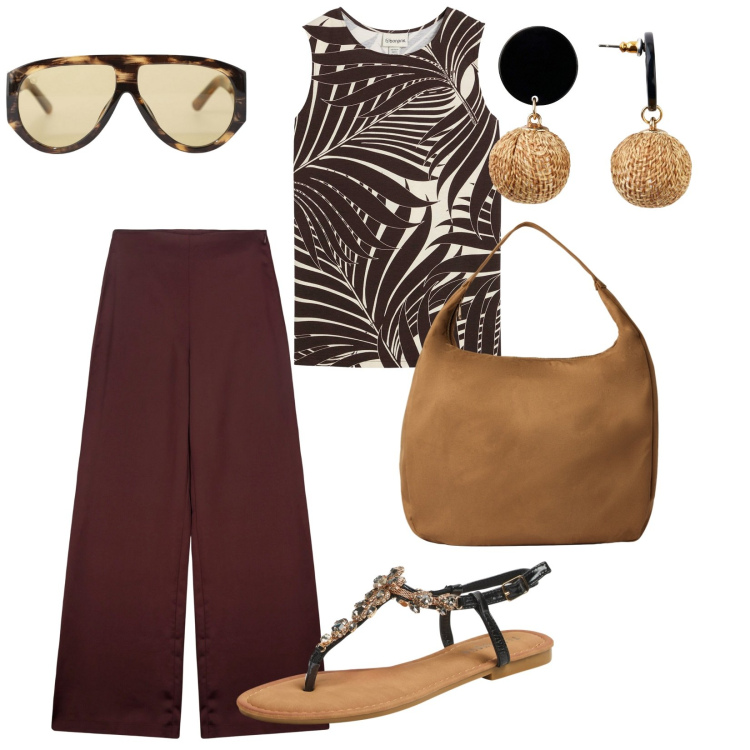 Outfit donna - Outfit Urban. per Tutti i giorni. Abbinamento con top, orecchini, borse a mano, sandali gioiello, occhiali da sole, pantaloni a palazzo.
