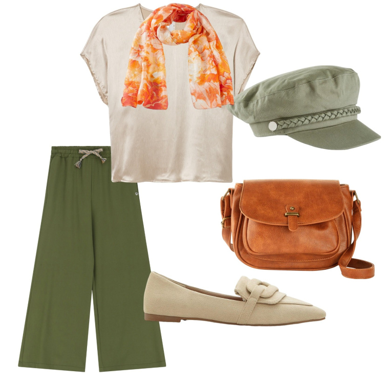 Outfit donna - Una giornata ai musei. per Tutti i giorni. Abbinamento con mocassini, borse a tracolla, cappelli, sciarpe, bluse, pantaloni.