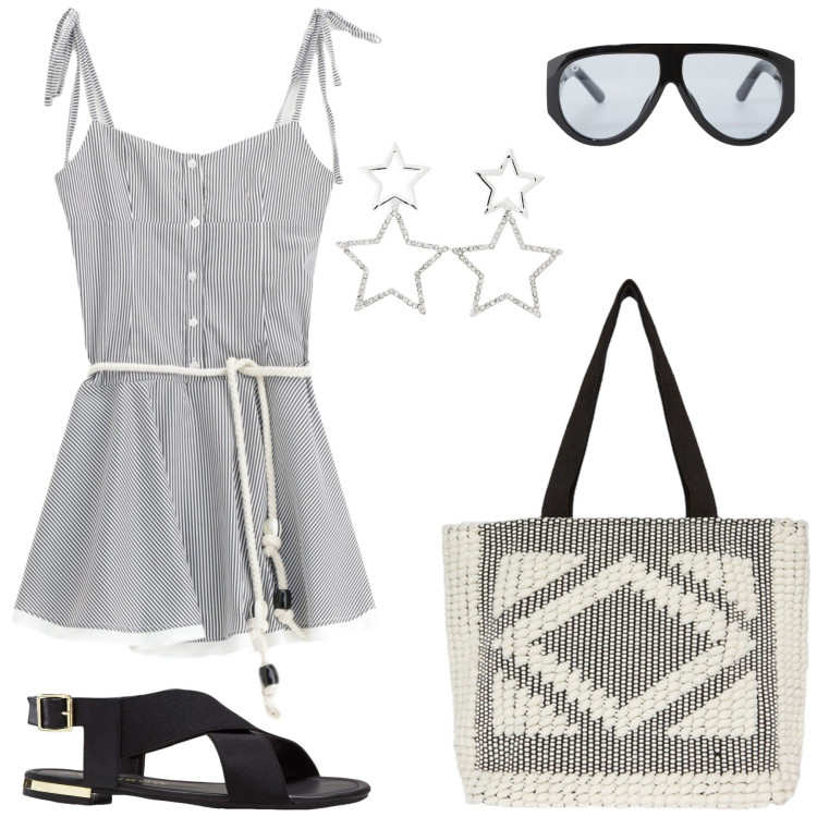 Outfit donna - Aperitivo al mare. Stile Casual per Mare. Abbinamento con sandali, orecchini, vestiti, occhiali da sole, shopping bag.