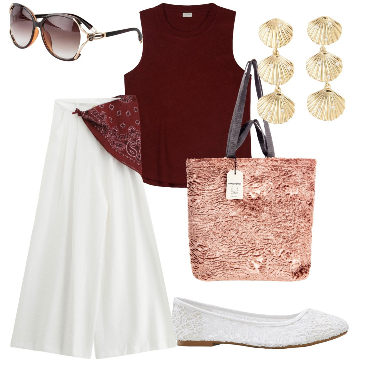 Outfit donna - Mattinata tra amici. per Tutti i giorni. Abbinamento con occhiali da sole, ballerine, orecchini, borse tote, pantaloni, top.