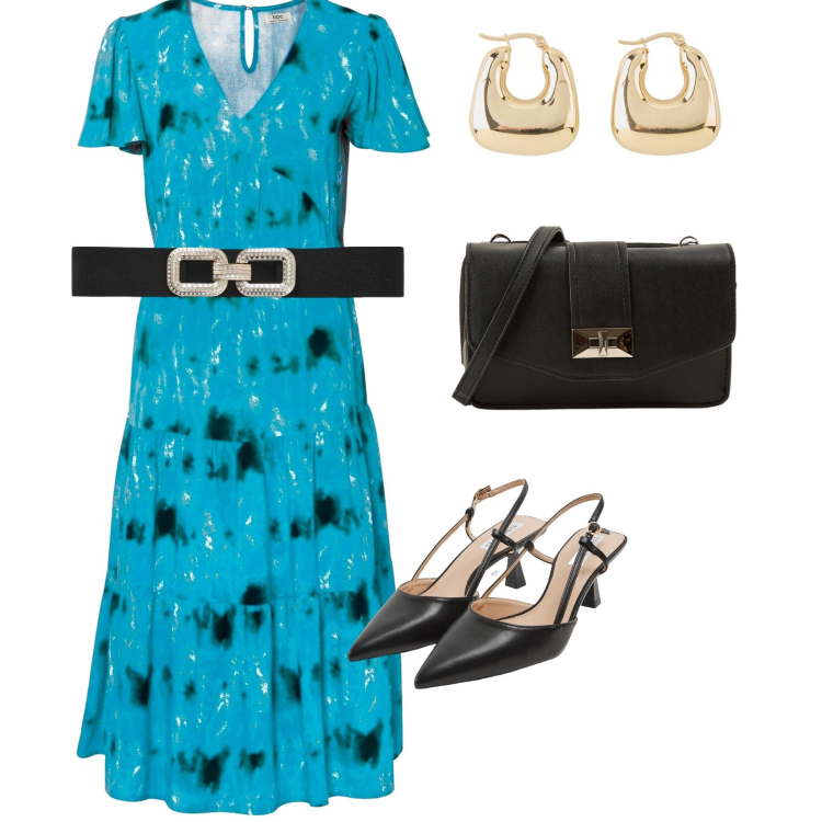 Outfit donna - Lavoro. per Ufficio. Abbinamento con orecchini, vestiti midi/longuette, sabot, borse a tracolla, cinture.