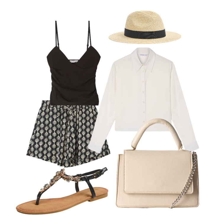 Outfit donna - Riviera Bon ton. Stile Casual chic per Mare. Abbinamento con shorts, camicie, cappelli, borse a tracolla, canottiere, sandali gioiello.