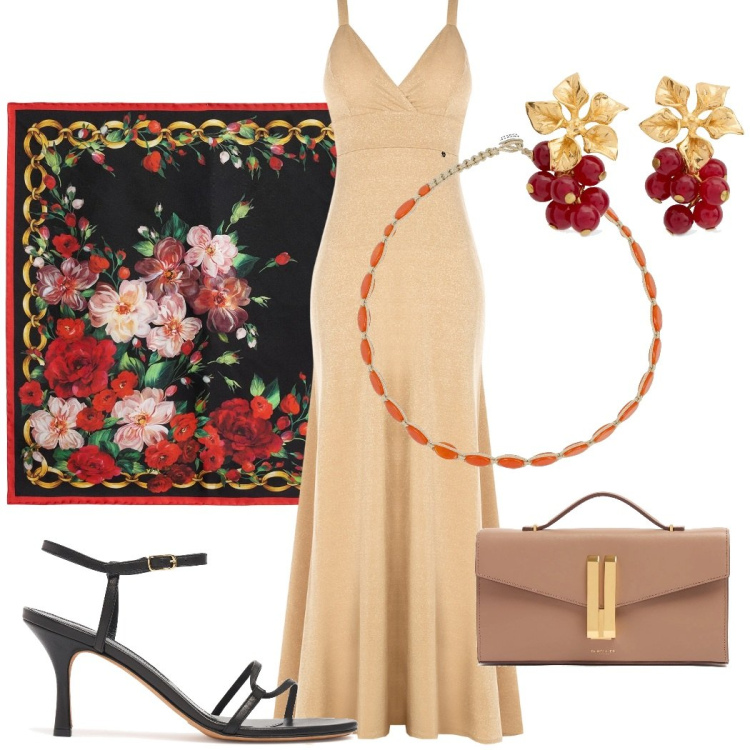 Outfit donna - Total look #2213071. Stile Glamour per Serata fuori. Abbinamento con vestiti lunghi, collane, foulard, pochette, orecchini, sandali in pelle.