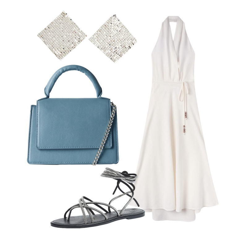 Outfit donna - Apericena…. Stile Glamour per Serata fuori. Abbinamento con sandali alla schiava, borse a tracolla, vestiti lunghi, orecchini.