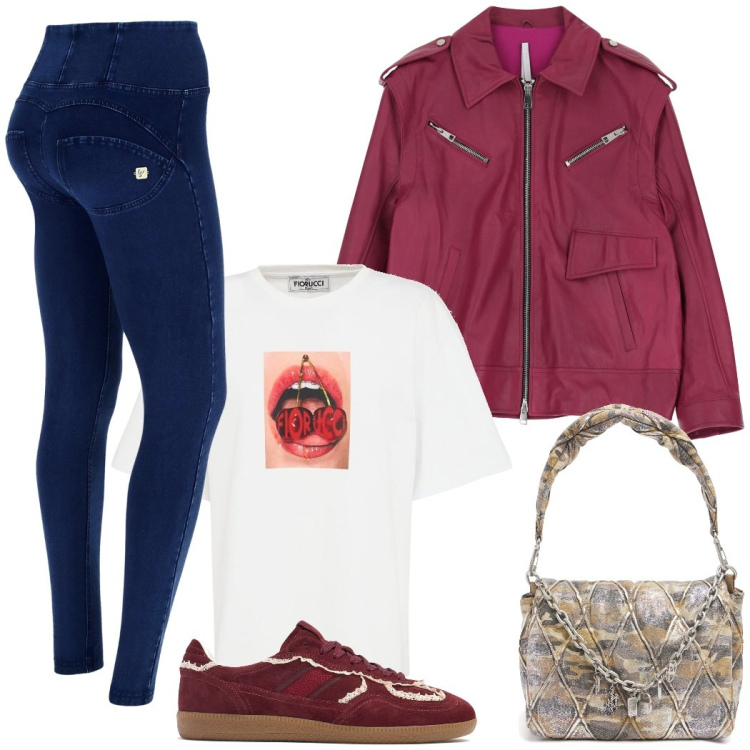 Outfit donna - Total look #2213079. Stile Casual chic per Tutti i giorni. Abbinamento con giacche, jeggings, borse a spalla, t-shirt, sneakers.