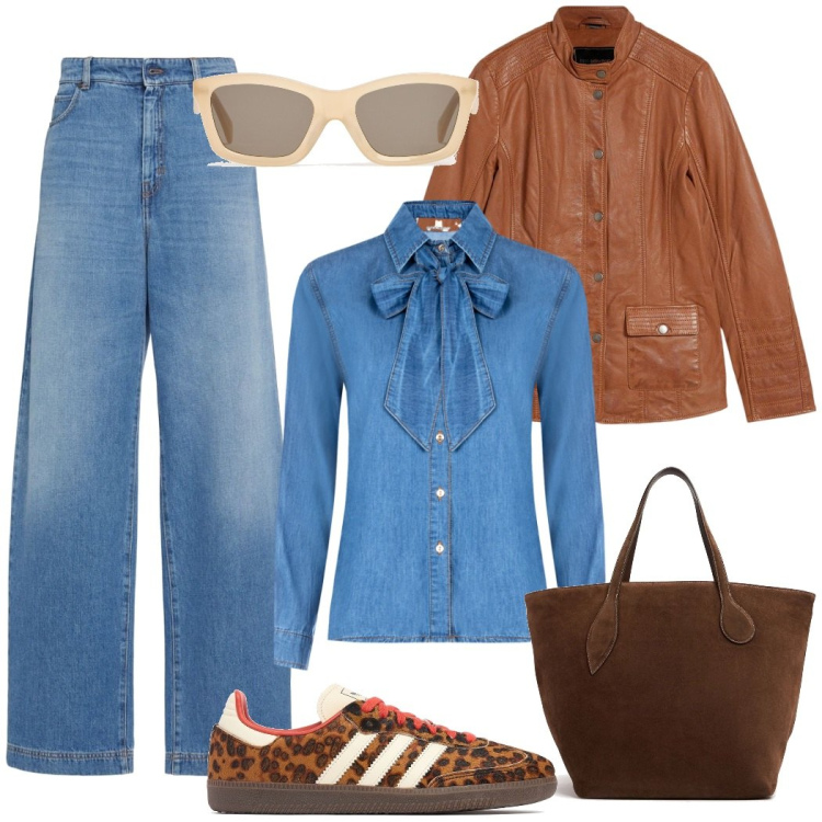 Outfit donna - Total look #2213083. Stile Casual chic per Tutti i giorni. Abbinamento con blazer, camicie, sneakers, occhiali da sole, shopping bag, jeans.