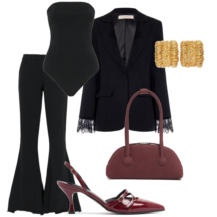 Outfit donna - cena di lavoro. Stile Chic per Serata fuori. Abbinamento con blazer, orecchini, décolleté, pantaloni, borse a spalla, body.