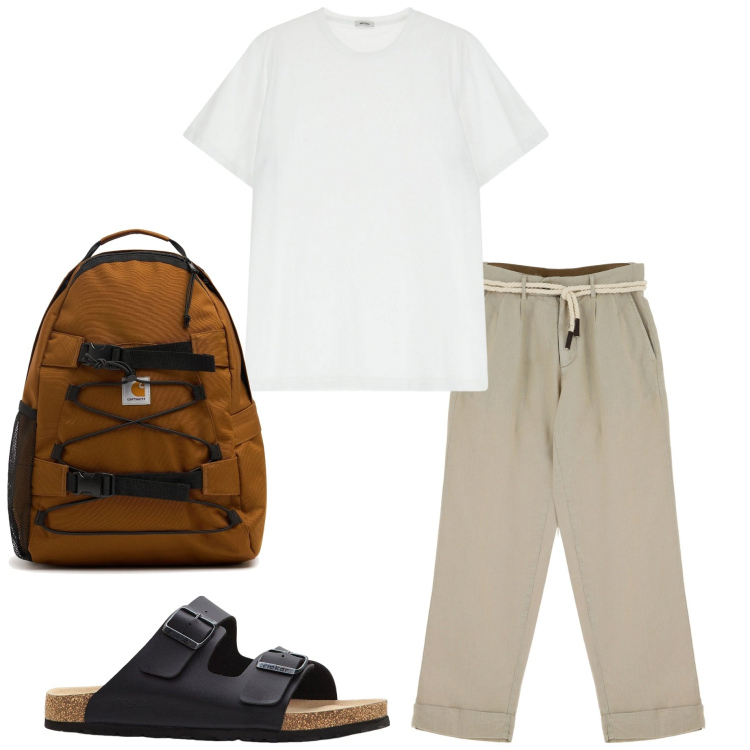 Outfit uomo - In città. Stile Casual per Tutti i giorni. Abbinamento con sandali, pantaloni chino, t-shirt, borse sportive.