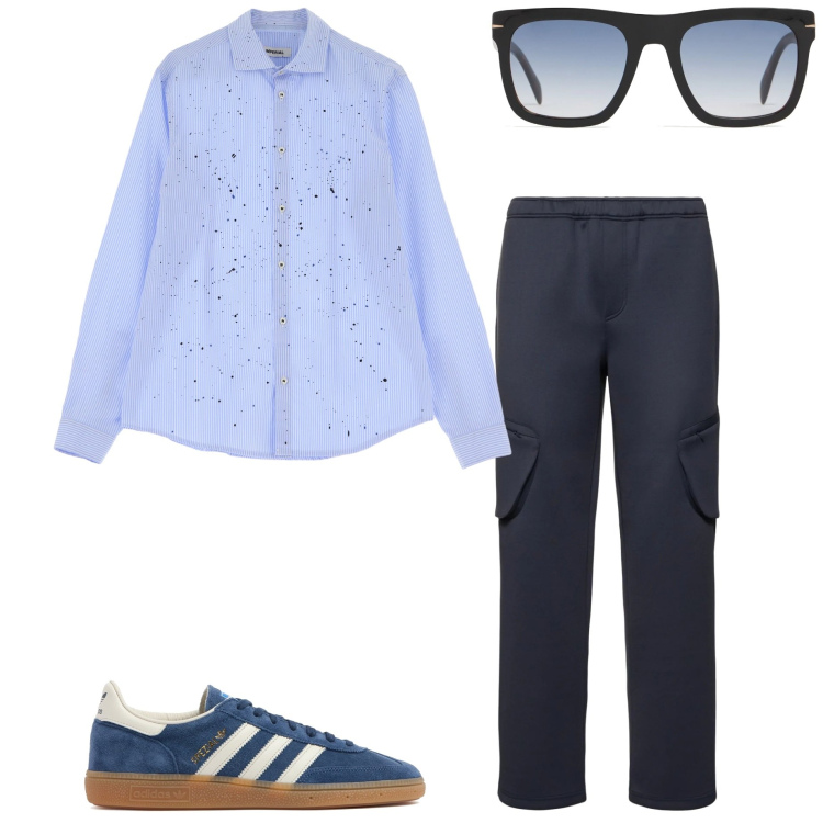 Outfit uomo - Serata con amici. Stile Urban per Serata speciale. Abbinamento con camicie, occhiali da sole, pantaloni cargo, sneakers.