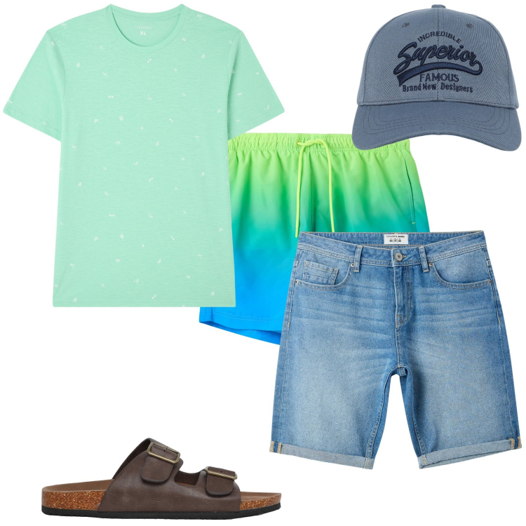 Outfit uomo - Pronto per la spiaggia. Stile Casual per Tutti i giorni. Abbinamento con t-shirt, cappelli con visiera, bermuda, costumi, sandali.